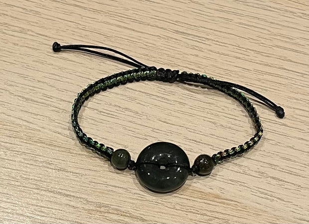 Handmade Bracelet with Dark Green Jade Donut, Adjustable Cord Bracelet for Protection, Balance & Prosperity