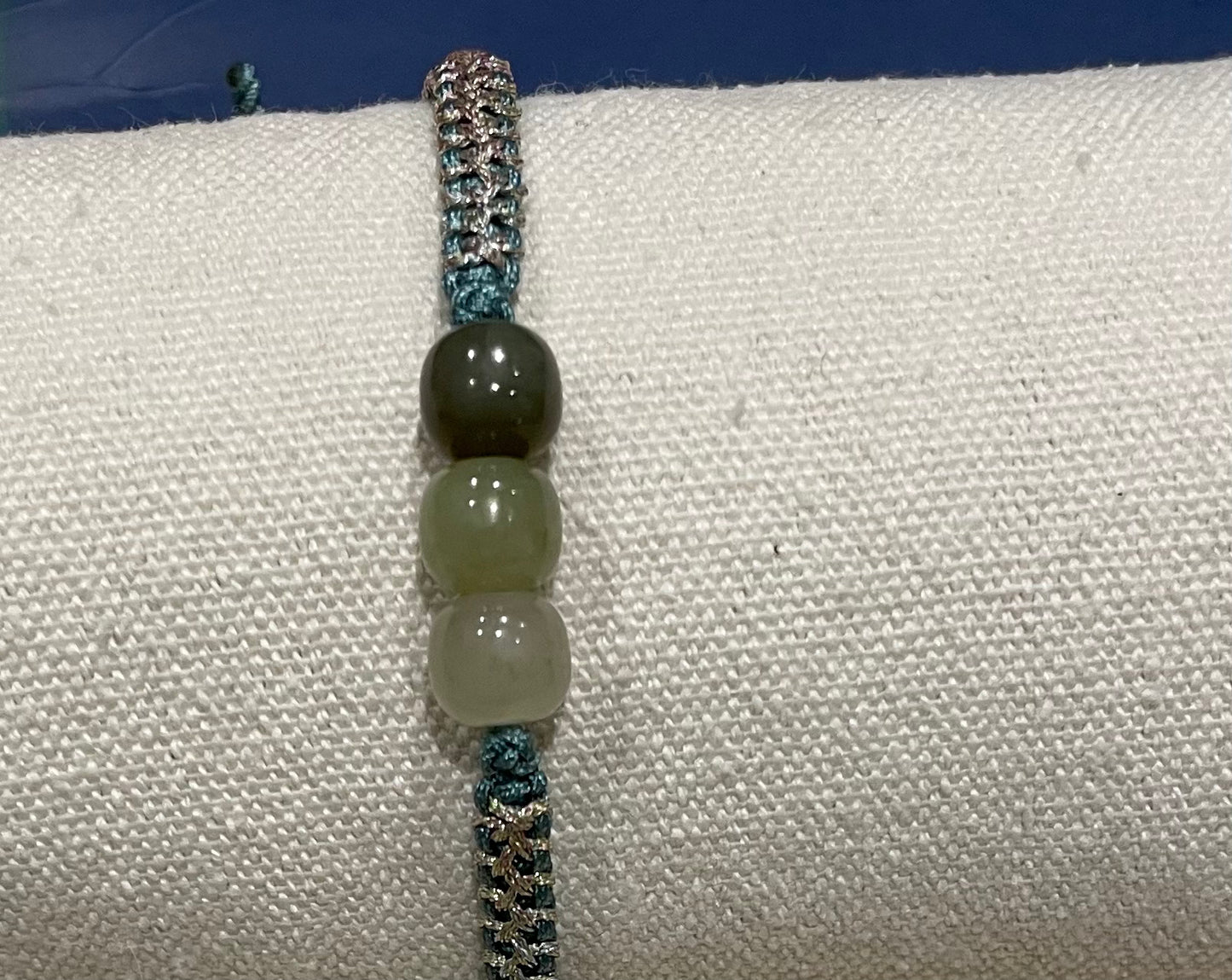 Handmade bracelet with three different green colour Hetian jade