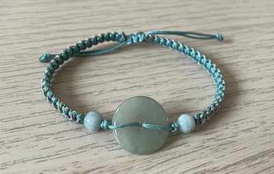 Handmade Bracelet with Green Jade Donut, Adjustable Cord Bracelet for Luck, Protection & Natural Harmony