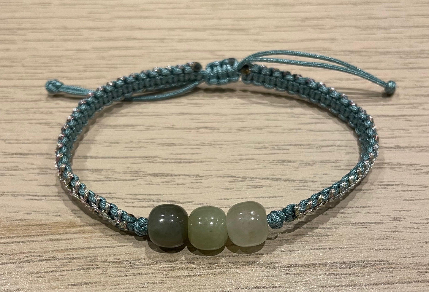 Handmade bracelet with three different green colour Hetian jade