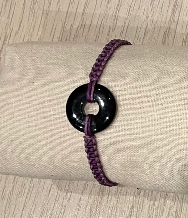 Handmade Bracelet with Black Agate Donut,  Adjustable Cord Bracelet for Protection, Strength & Grounding Energy