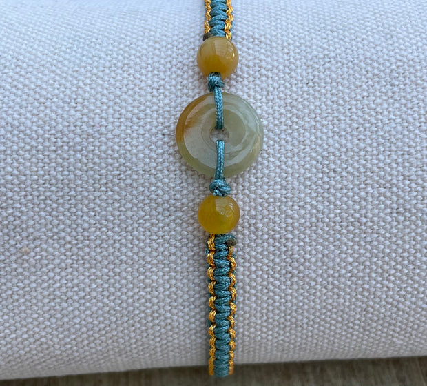 Handmade Bracelet with Yellow Jade Donut, Adjustable Cord Bracelet for Joy, Confidence & Positive Energy