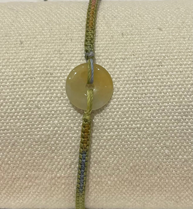 Handmade Bracelet with 12mm Yellow Jade Donut, Adjustable Cord Bracelet for Joy, Confidence & Positive Energy