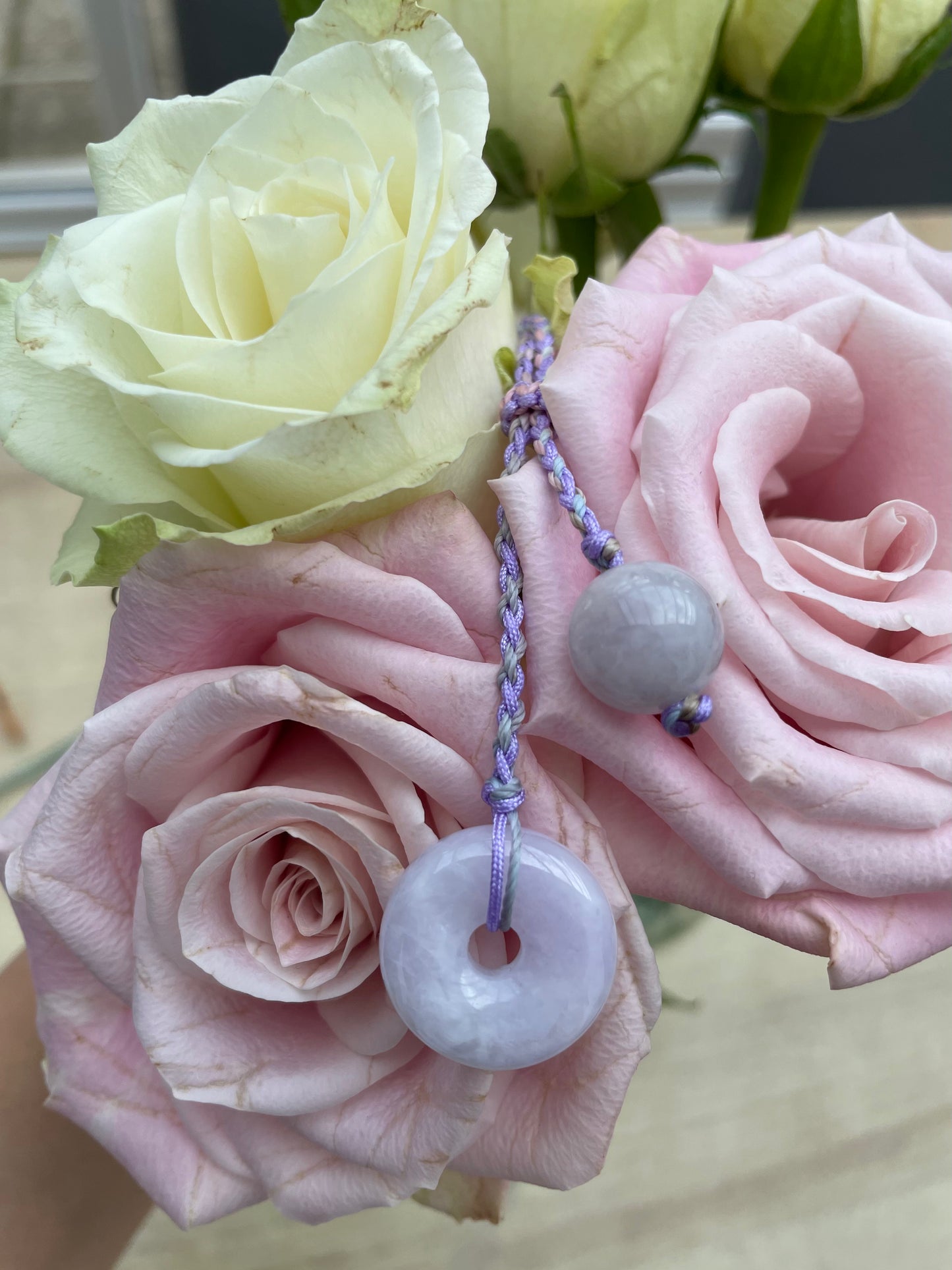 Handmade necklace with lavender jade donut and bead pendants