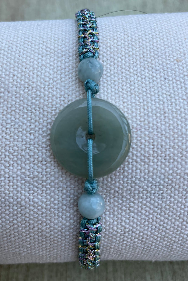 Handmade Bracelet with Green Jade Donut, Adjustable Cord Bracelet for Luck, Protection & Natural Harmony