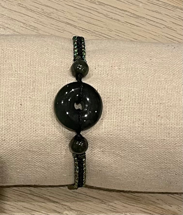Handmade Bracelet with Dark Green Jade Donut, Adjustable Cord Bracelet for Protection, Balance & Prosperity